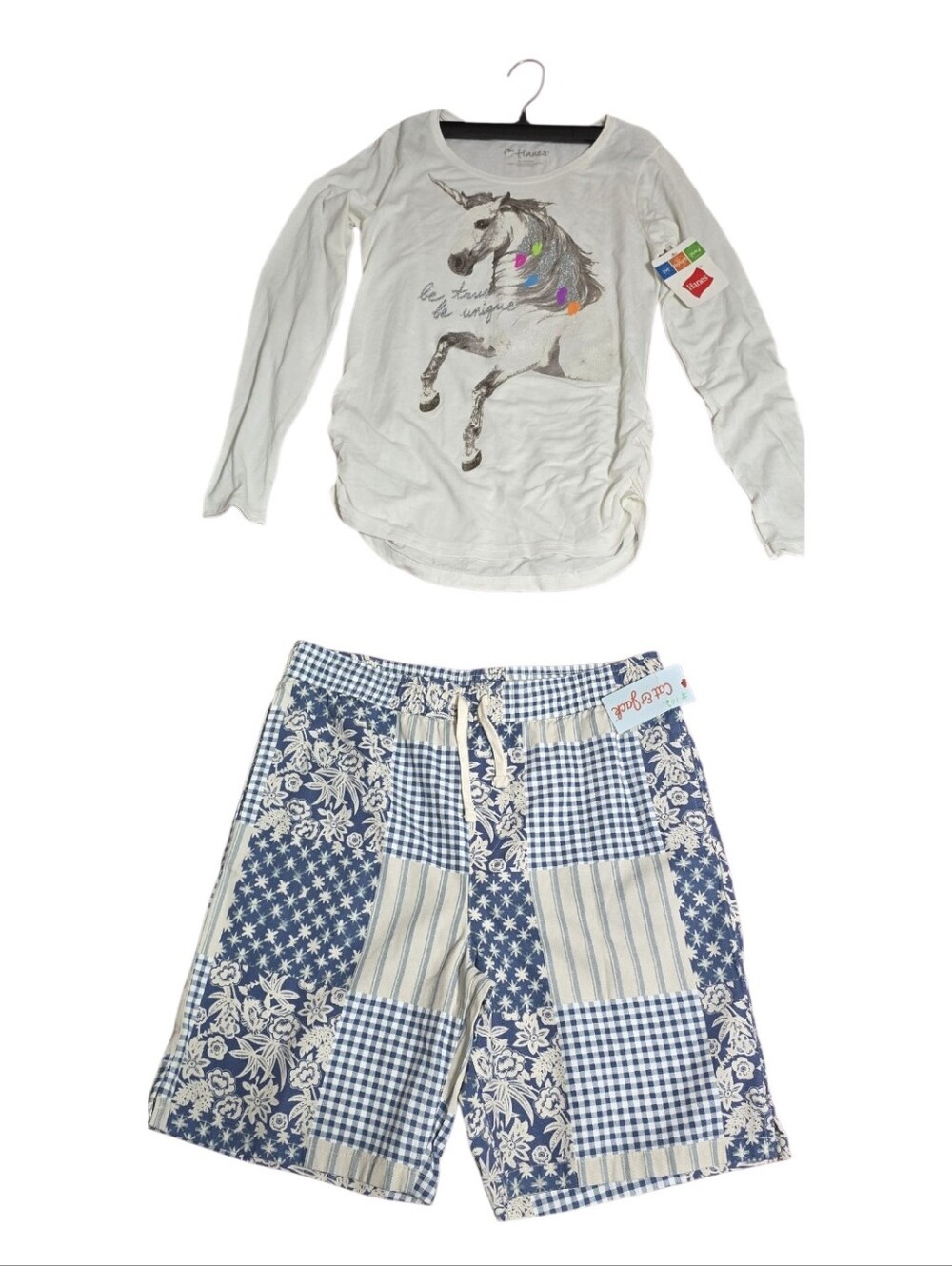 Hanes White Unicorn Graphic Long-Sleeve Top & Blue Patchwork Shorts Pajama Set